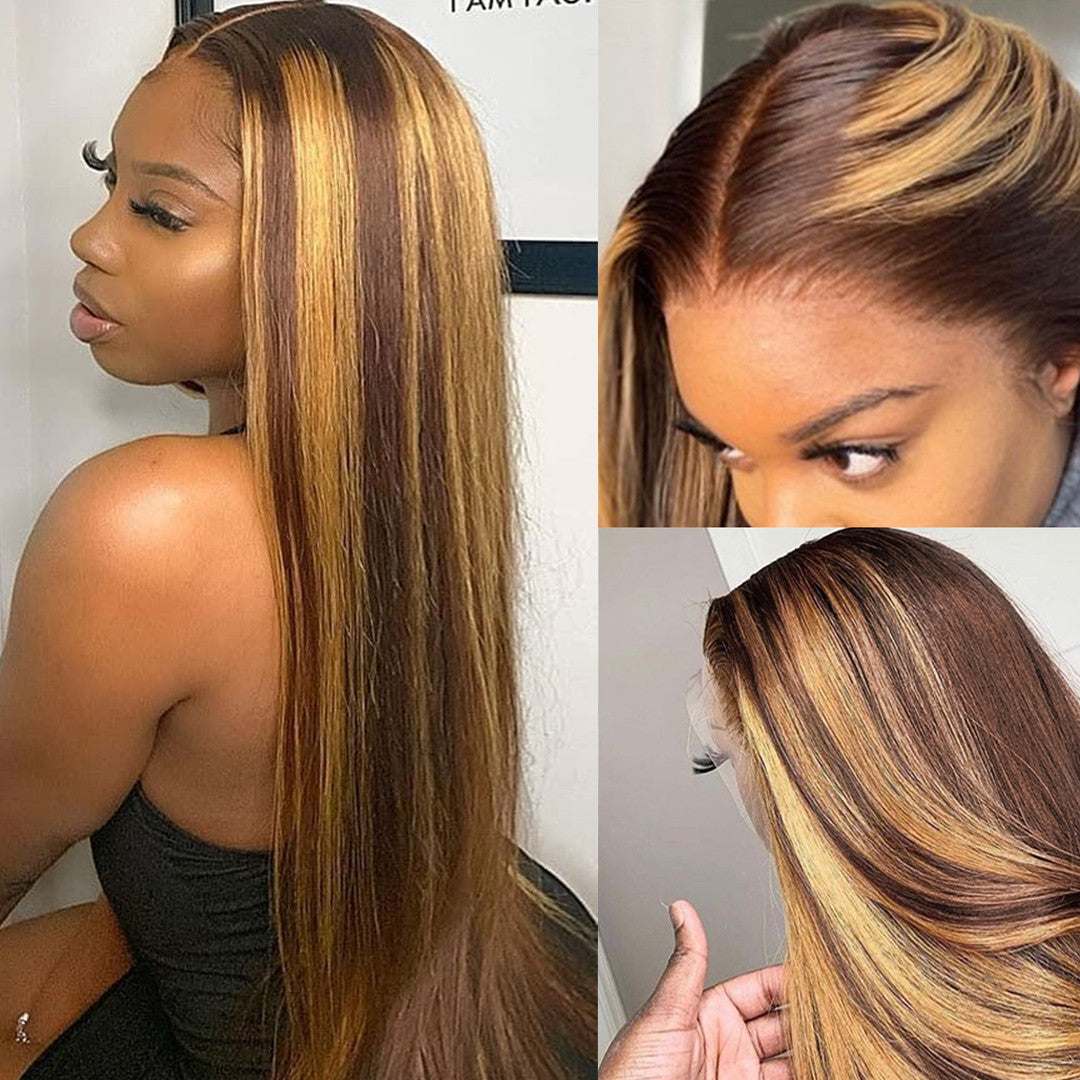 Highlight 4/27 13X4 Lace Front Wig Straight Human Hair Deep Part Closure Brazilian Lace Closure Remy Hair