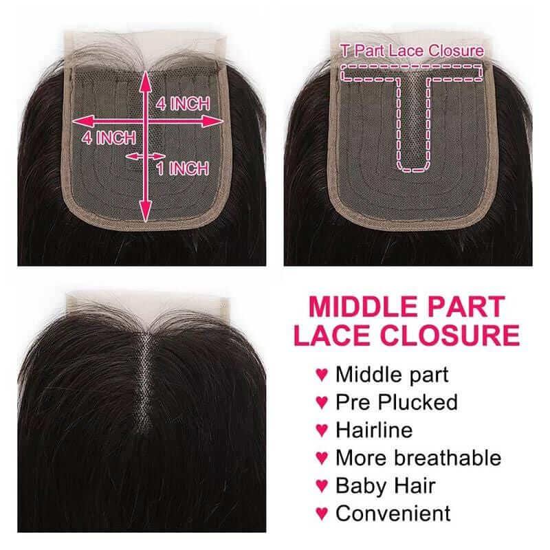 3 Bundles With Closure Middle Part Natural Color Virgin Human Hair Extension