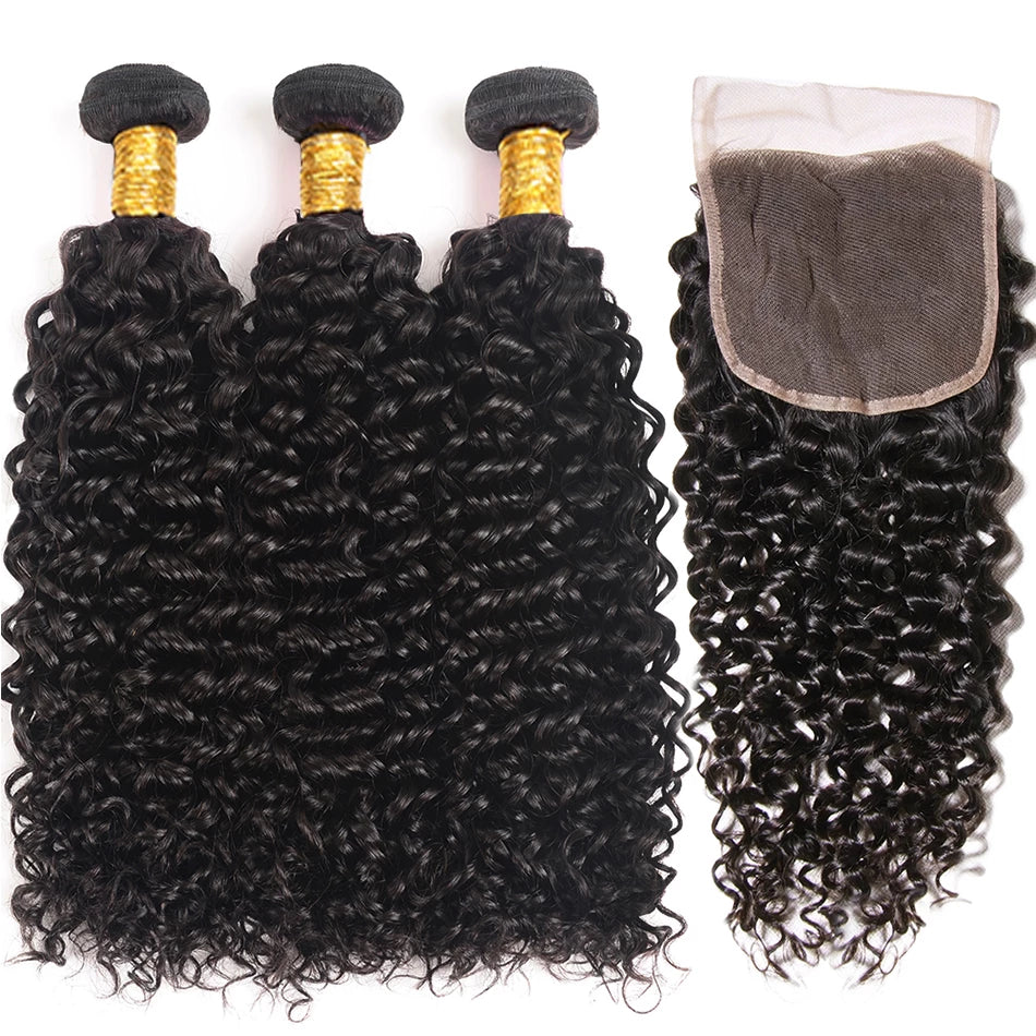 Yonova 4X4 Kinky Curly 3 Bundles With Closure Human Hair