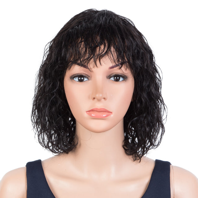 Short Wavy Bob Wig With Bangs For Women Human Hair Remy Without Glue Full Machine