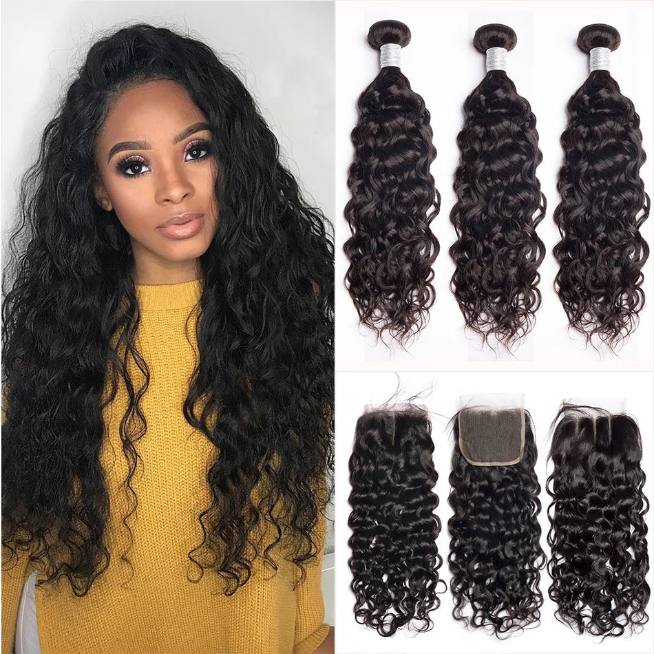 Water Wave Bundles With Closure 4x4 HD Lace 100% Remy Peruvian Human Hair