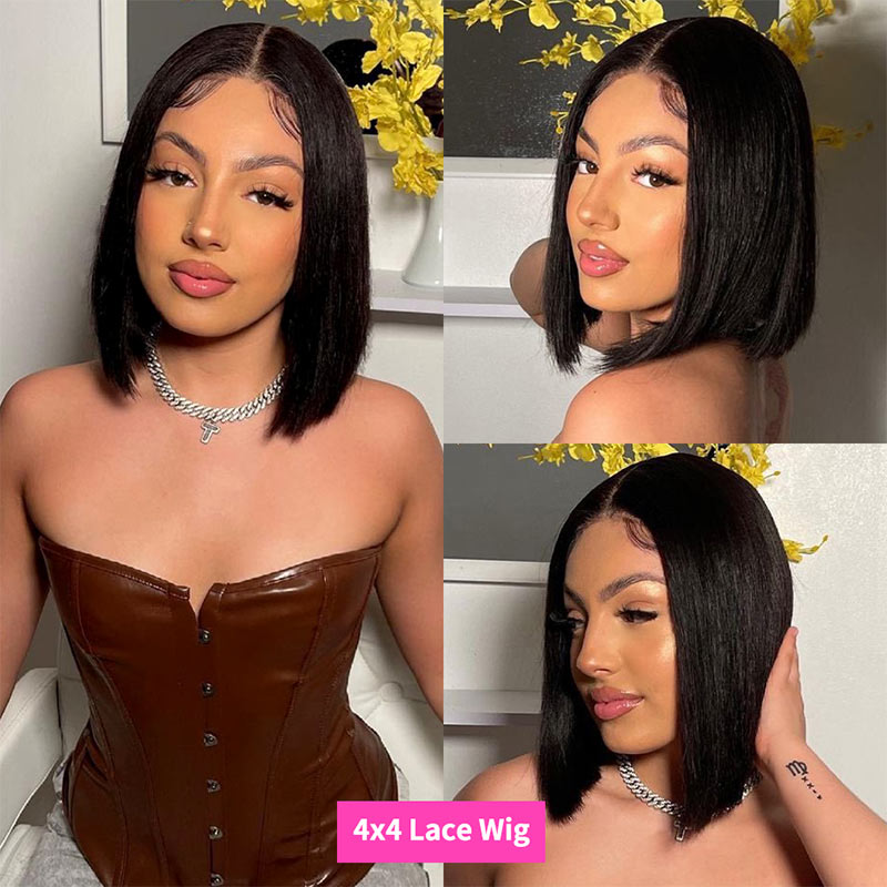 4x4 Lace Wig Straight Human Hair Short Bob Wig Glueless Wig Human Hair Natural Color