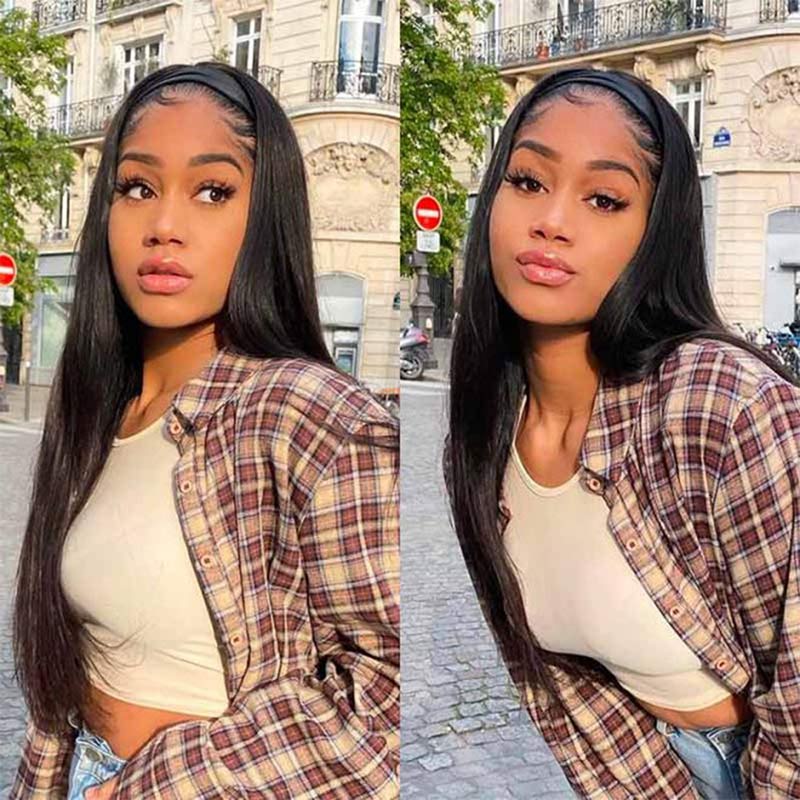 Yonova Straight Hair Headband Wig Remy Human Hair Wigs For Women Glueless Scarf Wig